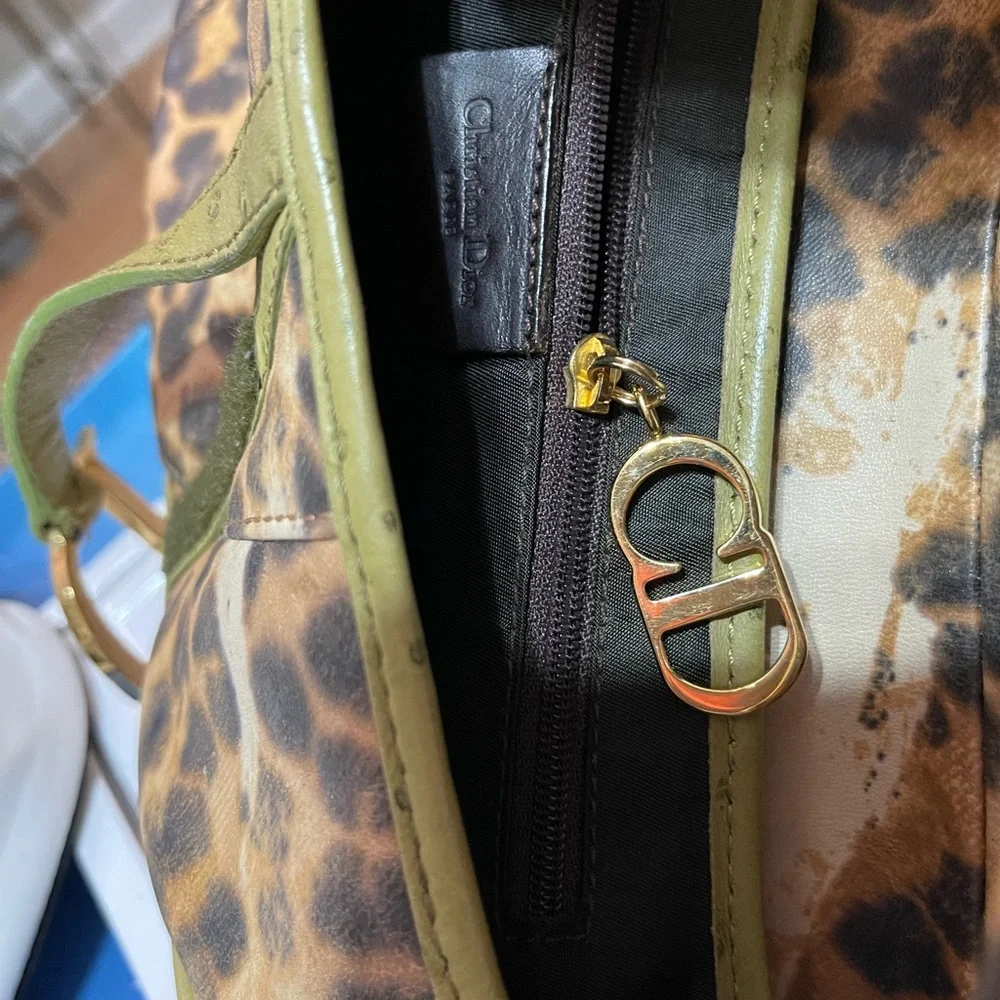 Dior Canvas & Ostrich Leather Leopard Print Saddle Bag - Picture 16 of 17